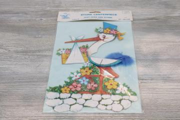 catalog photo of vintage die cut honeycomb tissue paper party decoration stork w/ baby bundle shower centerpiece