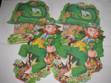 catalog photo of vintage die-cut paper window / wall decorations, leprechauns for St Patrick's Day