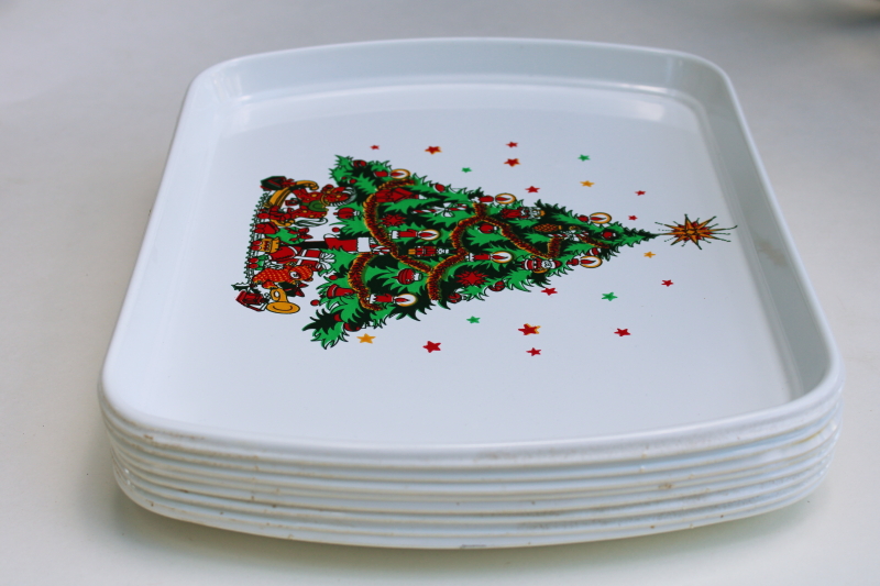 photo of vintage disposable plastic trays for cookies or party food, Christmas tree print holiday tableware #3