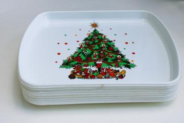 vintage disposable plastic trays for cookies or party food, Christmas tree print holiday tableware 