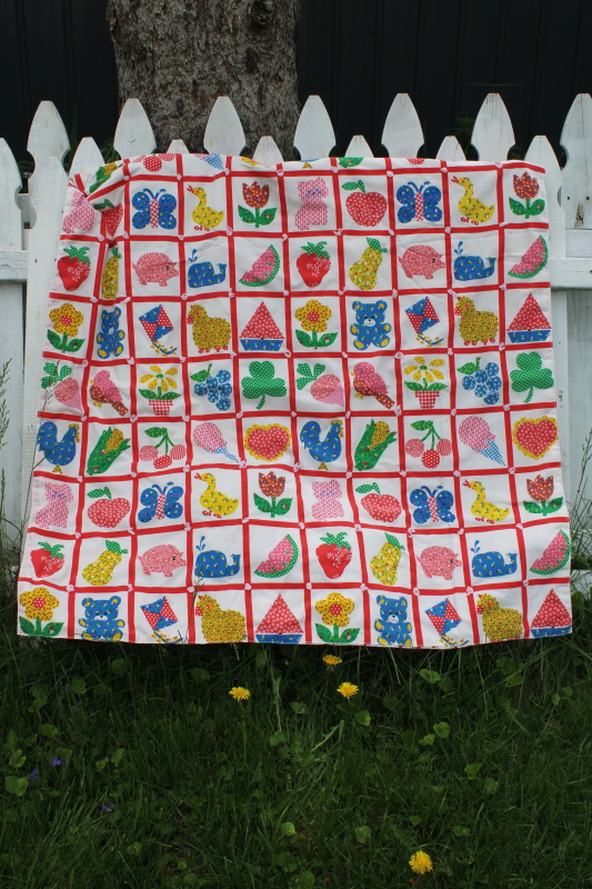 photo of vintage doll baby quilt, cheater patchwork print calico tied comforter #1