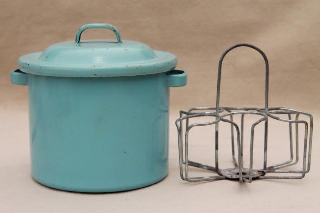 photo of vintage doll size robin's egg blue enamelware canner pot or baby bottle boiler w/ wire rack #3