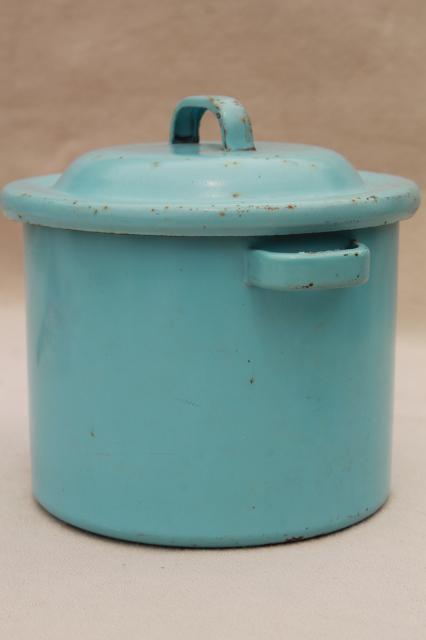 photo of vintage doll size robin's egg blue enamelware canner pot or baby bottle boiler w/ wire rack #4