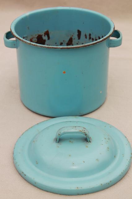 photo of vintage doll size robin's egg blue enamelware canner pot or baby bottle boiler w/ wire rack #6