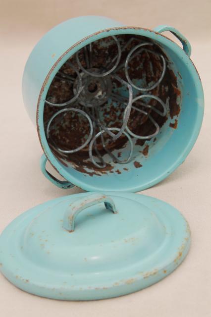 photo of vintage doll size robin's egg blue enamelware canner pot or baby bottle boiler w/ wire rack #9