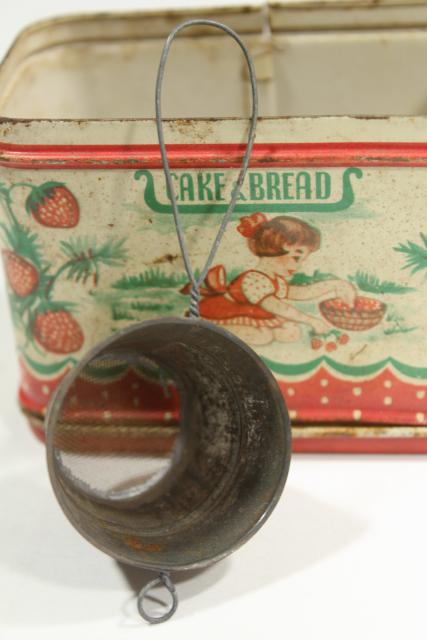 photo of vintage doll sized kitchenware, metal cookie cutters & cake pans, old painted bread tin #7