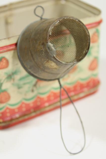 photo of vintage doll sized kitchenware, metal cookie cutters & cake pans, old painted bread tin #8