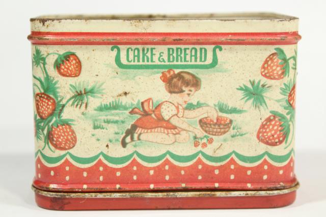 photo of vintage doll sized kitchenware, metal cookie cutters & cake pans, old painted bread tin #10