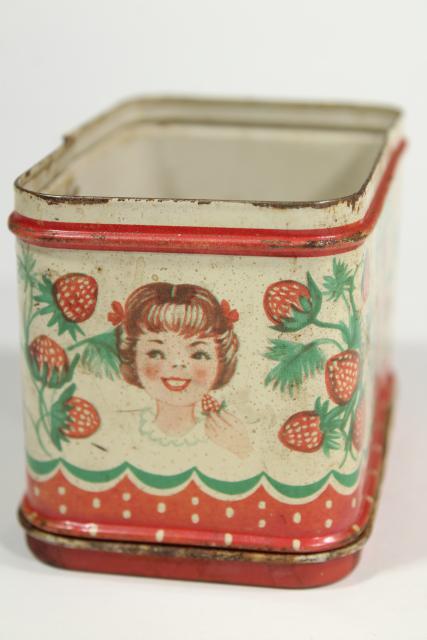 photo of vintage doll sized kitchenware, metal cookie cutters & cake pans, old painted bread tin #11