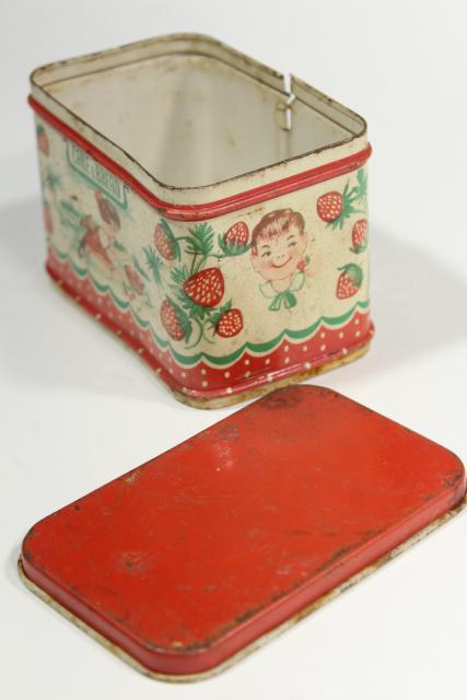 photo of vintage doll sized kitchenware, metal cookie cutters & cake pans, old painted bread tin #13