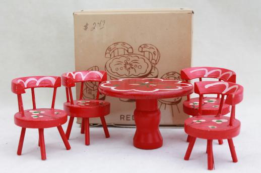 photo of vintage dollhouse miniatures, folk art hand painted wood doll table & chairs set #1