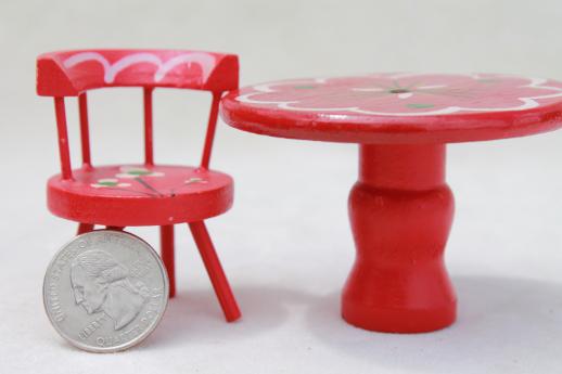 photo of vintage dollhouse miniatures, folk art hand painted wood doll table & chairs set #3