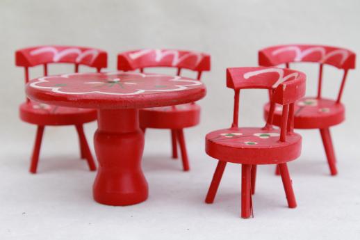 photo of vintage dollhouse miniatures, folk art hand painted wood doll table & chairs set #5