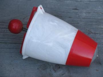 catalog photo of vintage donut dropper, red and white plastic doughnut maker kitchen utensil