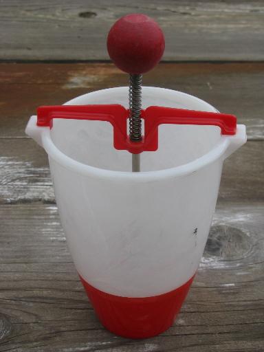 photo of vintage donut dropper, red and white plastic doughnut maker kitchen utensil #2