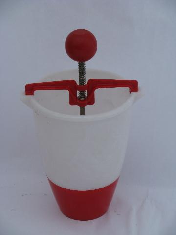 photo of vintage donut dropper, red & white plastic doughnut maker kitchen utensil #1