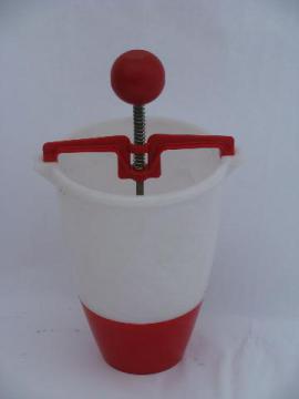 catalog photo of vintage donut dropper, red & white plastic doughnut maker kitchen utensil