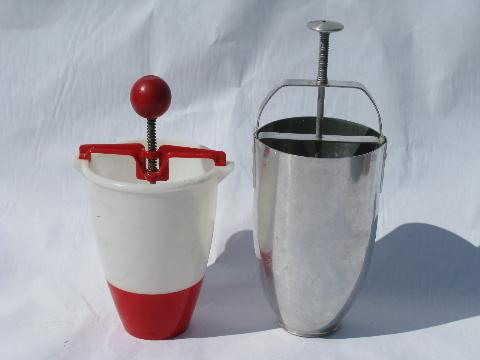 photo of vintage donut droppers, lot doughnut makers, aluminum, red & white plastic #1