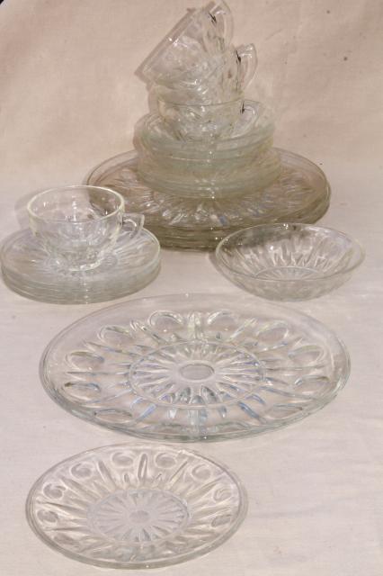 photo of vintage dot and point pattern pressed glass dishes, plates, bowls, cups & saucers #2