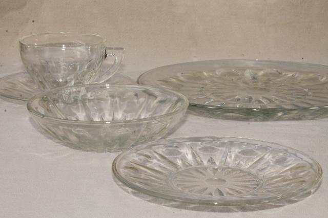 photo of vintage dot and point pattern pressed glass dishes, plates, bowls, cups & saucers #3