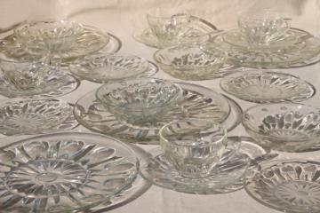 catalog photo of vintage dot and point pattern pressed glass dishes, plates, bowls, cups & saucers