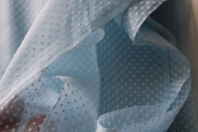 photo of vintage dotted swiss sheer crisp organza fabric, pale blue w/ white dots #2