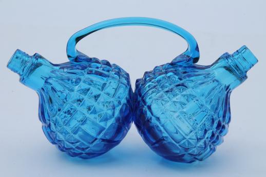 photo of vintage double cruet, aqua blue waffle pattern glass joined bottle cruets #1