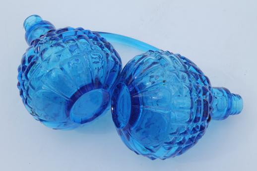 photo of vintage double cruet, aqua blue waffle pattern glass joined bottle cruets #4