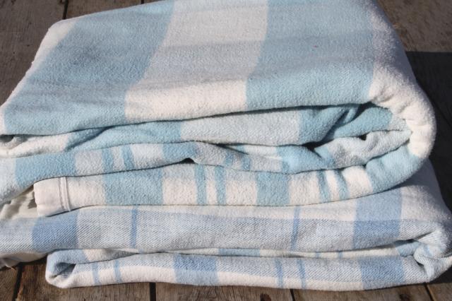 photo of vintage double long fold over blankets, blue & white cotton / wool camp bunk blanket lot #1