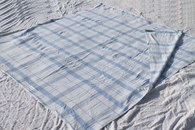 photo of vintage double long fold over blankets, blue & white cotton / wool camp bunk blanket lot #8
