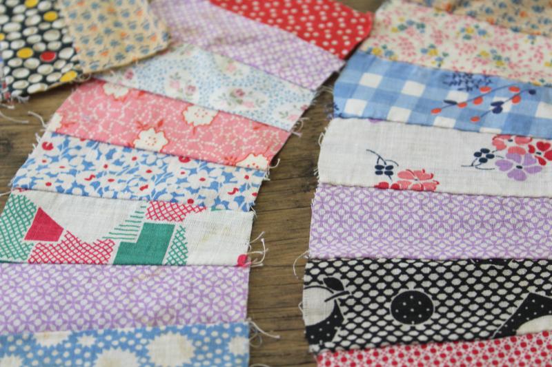 photo of vintage double wedding ring quilt pieces, 30s 40s 50s print cotton fabric scraps #10