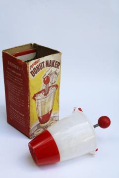 catalog photo of vintage doughnut dropper, Popiel Donut Maker w/ instructions & recipes original box 
