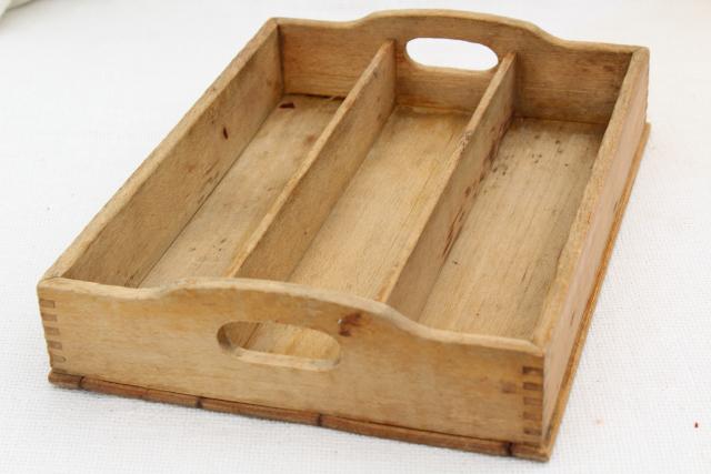 photo of vintage dovetailed wood knife box tray for silverware or utensils, weathered scrubbed pine #1