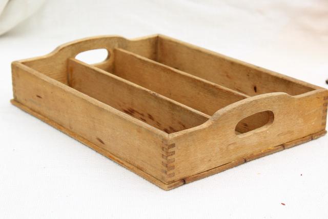 photo of vintage dovetailed wood knife box tray for silverware or utensils, weathered scrubbed pine #2