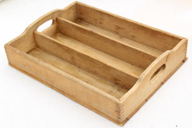 photo of vintage dovetailed wood knife box tray for silverware or utensils, weathered scrubbed pine #3