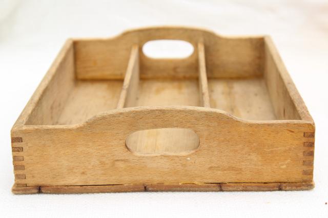 photo of vintage dovetailed wood knife box tray for silverware or utensils, weathered scrubbed pine #4