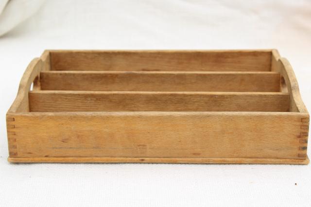 photo of vintage dovetailed wood knife box tray for silverware or utensils, weathered scrubbed pine #5