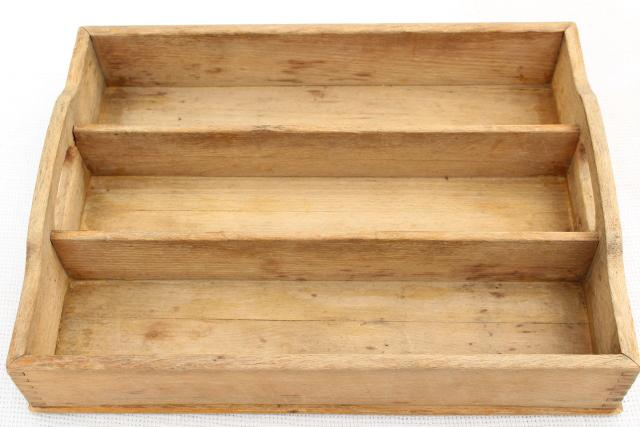 photo of vintage dovetailed wood knife box tray for silverware or utensils, weathered scrubbed pine #6