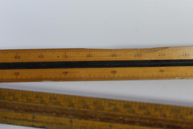 photo of vintage drafting measures, old wood rulers triangular scales for architectural drawings #3