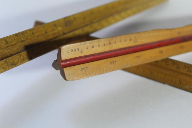 photo of vintage drafting measures, old wood rulers triangular scales for architectural drawings #6