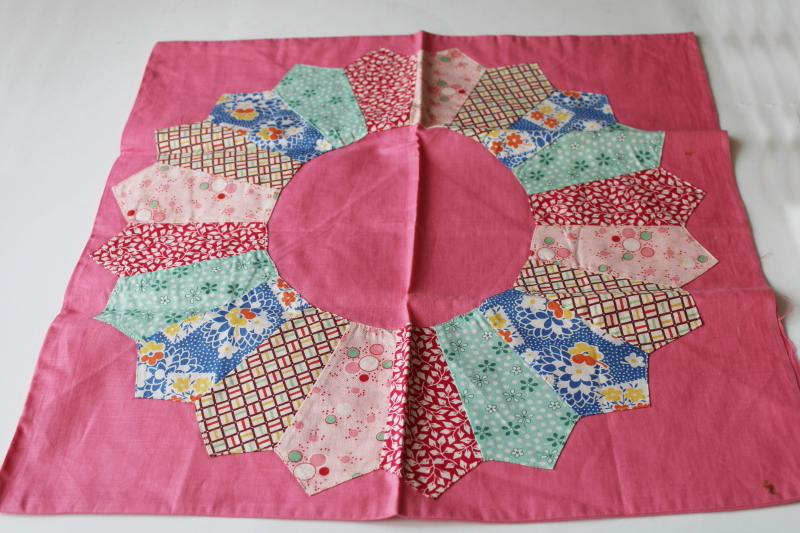 photo of  vintage dresden plate quilt patchwork pillow cover, depression era cotton prints on pink #1