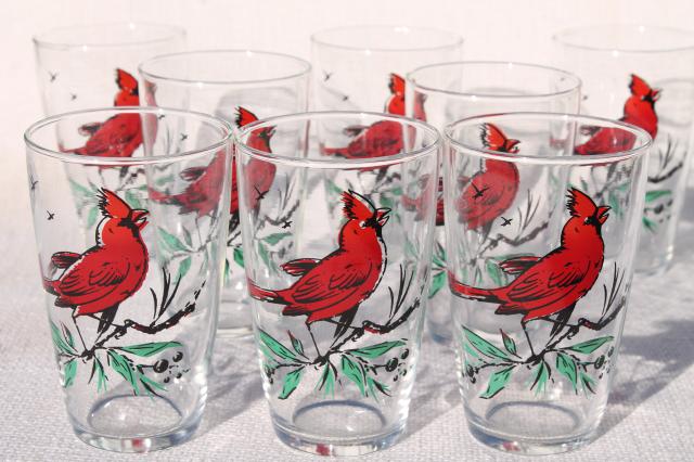 photo of vintage drinking glasses, Christmas red cardinals bird print glass set of 8 #1