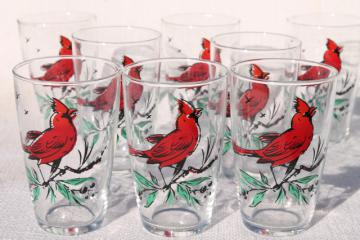 catalog photo of vintage drinking glasses, Christmas red cardinals bird print glass set of 8