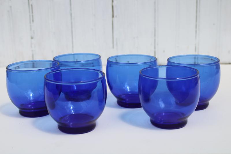 photo of vintage drinking glasses, cobalt blue glass roly poly glasses, little round tumblers #3