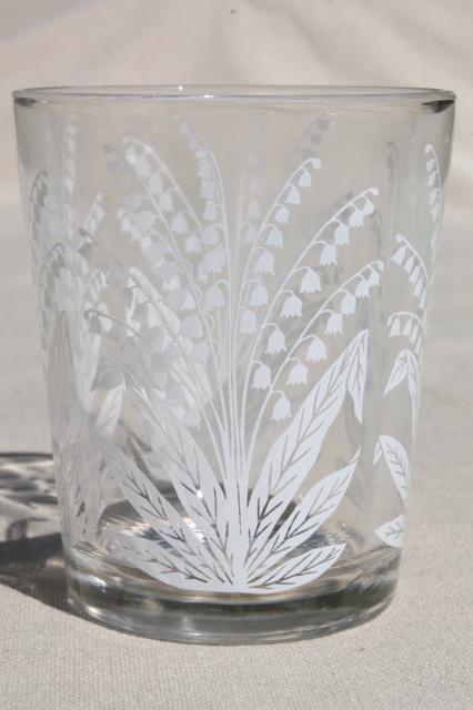 photo of vintage drinking glasses set, lily of the valley flowered print glass tumblers #2