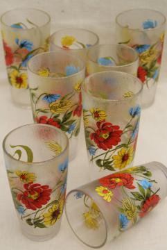 catalog photo of vintage drinking glasses set w/ poppy floral print, ice texture unbreakable plastic tumblers