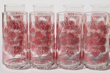 catalog photo of vintage drinking glasses, tall cooler iced tea tumblers w/ rose red flowers print