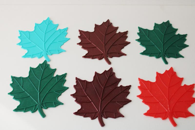 photo of vintage drinks coasters, colored plastic maple leaves, autumn leaf retro fall decor #1