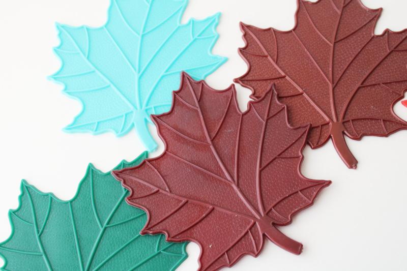 photo of vintage drinks coasters, colored plastic maple leaves, autumn leaf retro fall decor #4