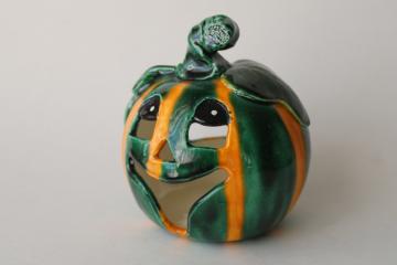 catalog photo of vintage drip glaze ceramic jack o lantern, green & orange pumpkin face anthropomorphic candle holder 